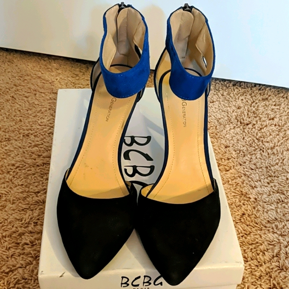Black suede heels with blue ankle strap